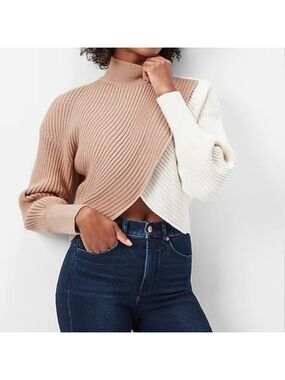 LUSH Colorblock Ribbed Turtleneck Sweater Beige Off White S